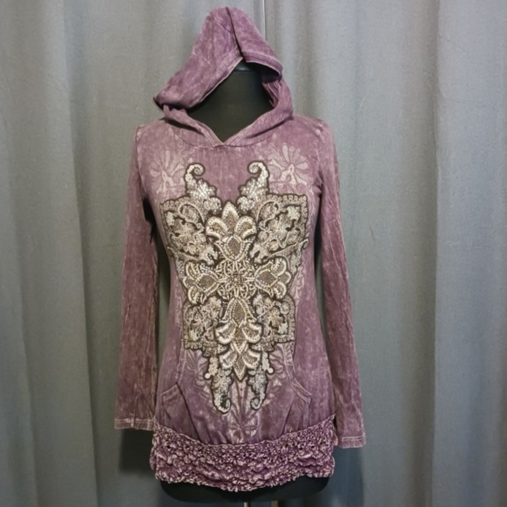 Y2K Vocal Whimsigoth Hoodie Purple Rhinestone Bling Cross crushed velour trim M